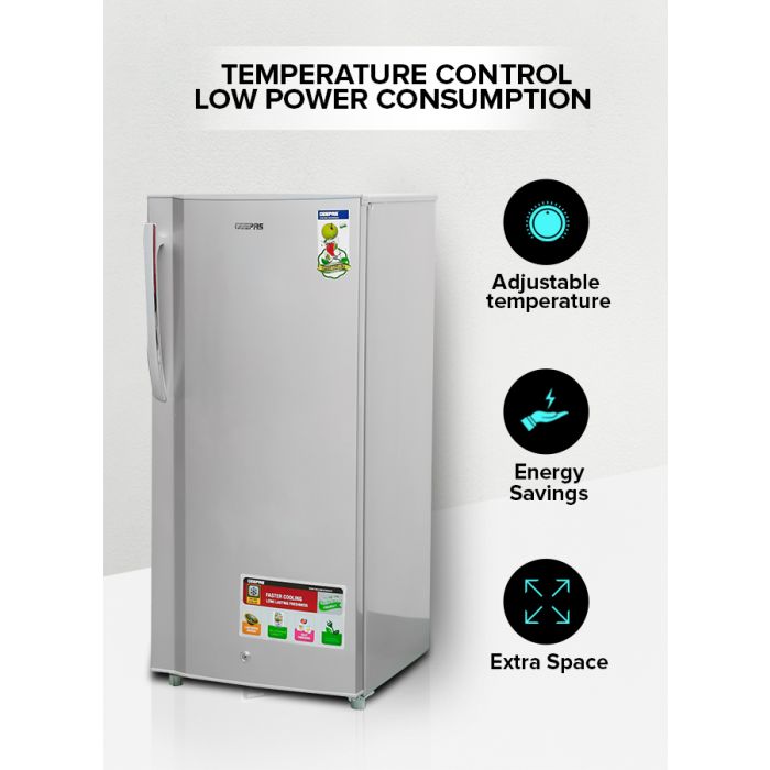Geepas  Single Door Direct Cool Refrigerator- GRF2059SPE| Quick Cooling with Defrost Technology| Glass Shelves, Transparent Door Basket, Extra Space and Long Lasting Freshness| Low Noise Design and Low Voltage| Silver, 1 Year Warranty