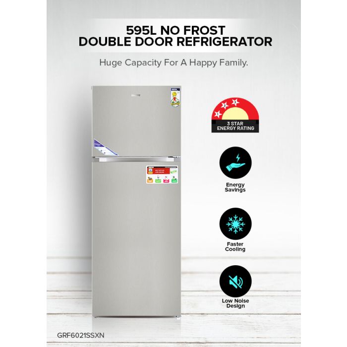 Geepas GRF6021SSXN 595L No Frost Double Door Refrigerator - Durable Low Consumption Fast Cooling & Low Noise | Preserves Freshness, Tempered Glass Shelves