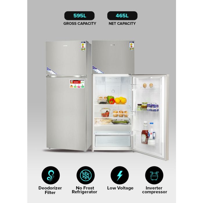 Geepas GRF6021SSXN 595L No Frost Double Door Refrigerator - Durable Low Consumption Fast Cooling & Low Noise | Preserves Freshness, Tempered Glass Shelves