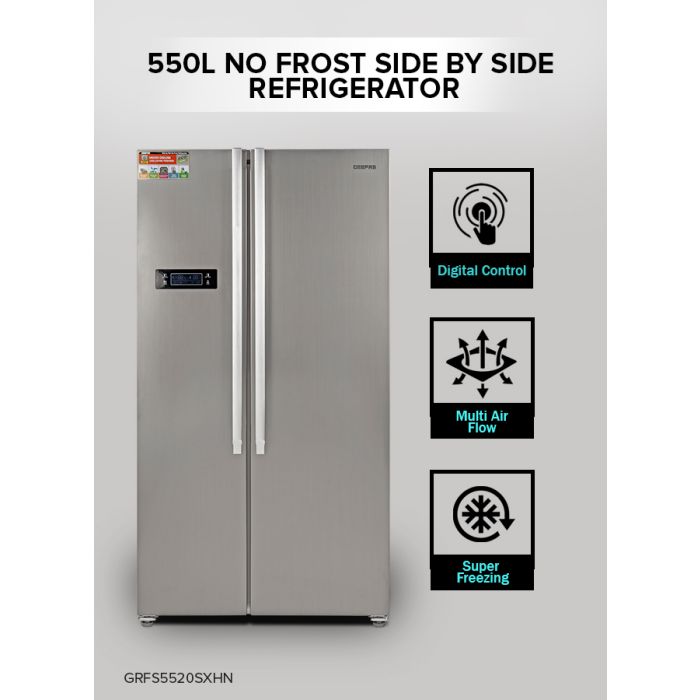 Geepas Side By Side Refrigerator, 550 Litre, GRFS5520SXHN | Digital Control Temperature Display | Inverter Compressor | Tempered Glass Shelf, Twist Ice Maker | Smart Eco, Super Freezing
