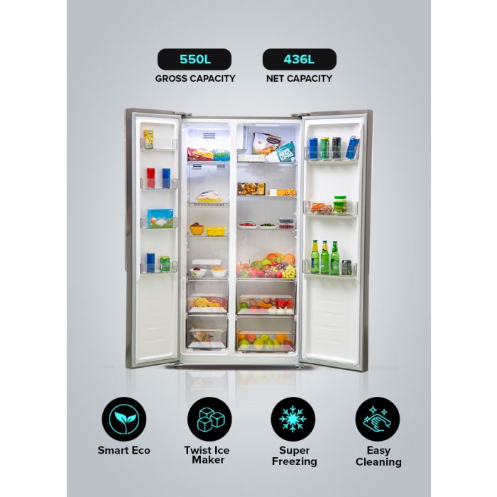 Geepas Side By Side Refrigerator, 550 Litre, GRFS5520SXHN | Digital Control Temperature Display | Inverter Compressor | Tempered Glass Shelf, Twist Ice Maker | Smart Eco, Super Freezing