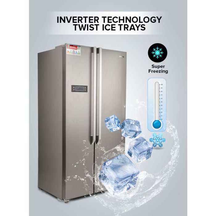 Geepas Side By Side Refrigerator, 550 Litre, GRFS5520SXHN | Digital Control Temperature Display | Inverter Compressor | Tempered Glass Shelf, Twist Ice Maker | Smart Eco, Super Freezing