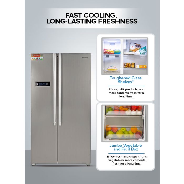 Geepas Side By Side Refrigerator, 550 Litre, GRFS5520SXHN | Digital Control Temperature Display | Inverter Compressor | Tempered Glass Shelf, Twist Ice Maker | Smart Eco, Super Freezing