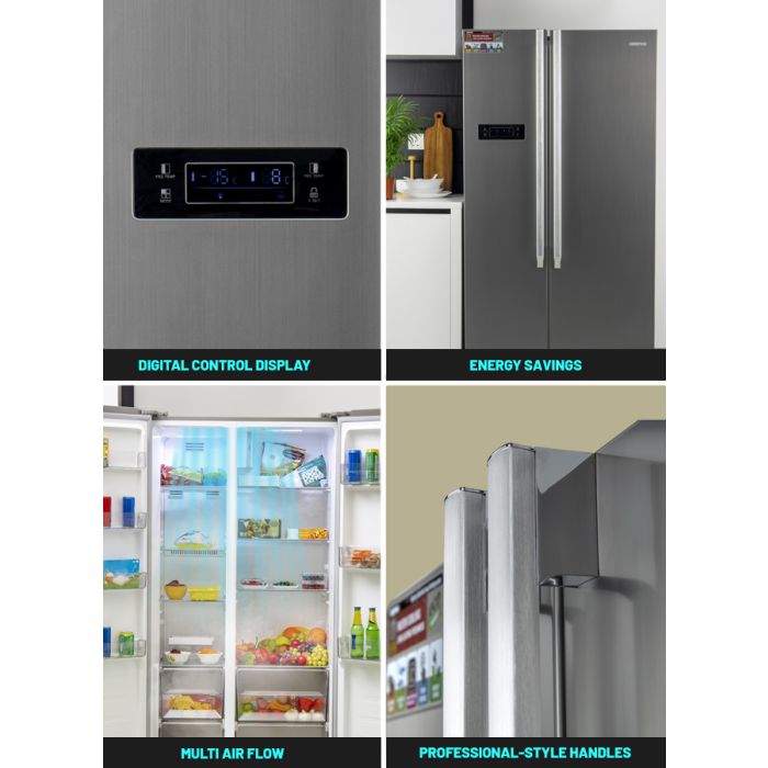 Geepas Side By Side Refrigerator, 550 Litre, GRFS5520SXHN | Digital Control Temperature Display | Inverter Compressor | Tempered Glass Shelf, Twist Ice Maker | Smart Eco, Super Freezing