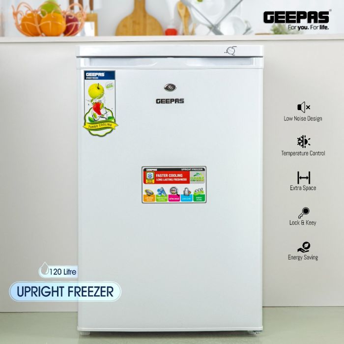 Geepas GRFU1206 Upright Freezer | 120L Capacity| -18°C Cooling| Tropical Compressor | 4 Crystal Drawers | Adjustable Thermostat|  3-Star ESMA Rating | 1-Year Warranty