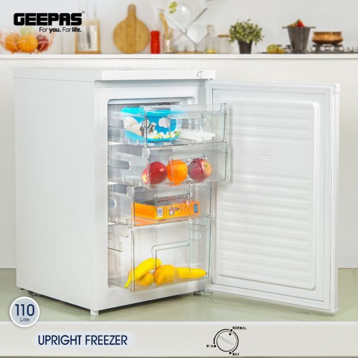 Geepas GRFU1206 Upright Freezer | 120L Capacity| -18°C Cooling| Tropical Compressor | 4 Crystal Drawers | Adjustable Thermostat|  3-Star ESMA Rating | 1-Year Warranty