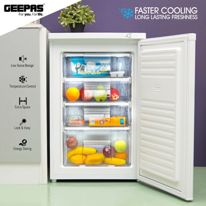 Geepas GRFU1206 Upright Freezer | 120L Capacity| -18°C Cooling| Tropical Compressor | 4 Crystal Drawers | Adjustable Thermostat|  3-Star ESMA Rating | 1-Year Warranty