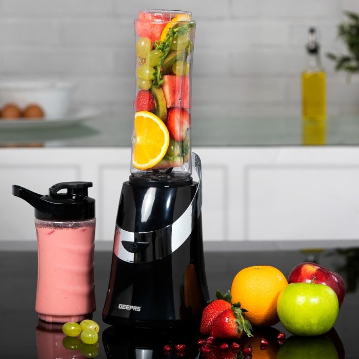 Geepas Personal Blender & Smoothie Maker - Mini Electric Juicer, Milkshake Maker with 2 Portable Blending Bottles - BPA Free Tritan Sports Bottles with Leak-Proof Lids - 350W - 2 Years Warranty