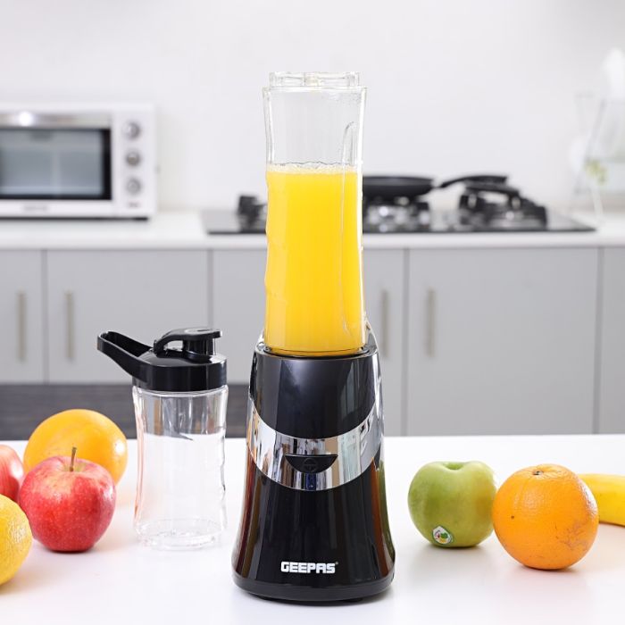 Geepas Personal Blender & Smoothie Maker - Mini Electric Juicer, Milkshake Maker with 2 Portable Blending Bottles - BPA Free Tritan Sports Bottles with Leak-Proof Lids - 350W - 2 Years Warranty