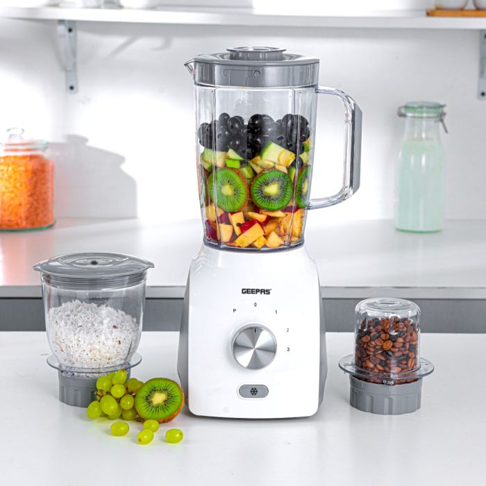 Geepas 3-in-1 Blender- GSB44034N/ 600 W, Powerful Motor with 3 Speed Setting and Pulse/ Transparent Jars with Stainless Steel Blade, Grinder, Chopper Attachment