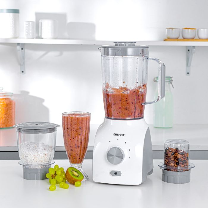 Geepas 3-in-1 Blender- GSB44034N/ 600 W, Powerful Motor with 3 Speed Setting and Pulse/ Transparent Jars with Stainless Steel Blade, Grinder, Chopper Attachment