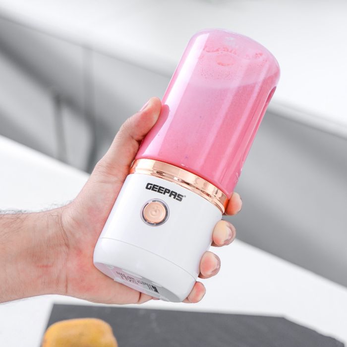 Geepas Rechargeable Portable Blender- GSB44058/ 420 ml Capacity / Single Click Operation, with Tritan Bottle and Motor Base, 10-15 min Working/ White, 2 Years Warranty