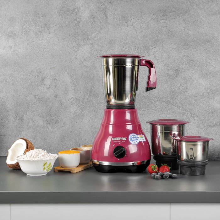 Geepas 3-IN-1 Mixer Grinder- GSB44087| 650W Powerful Copper Motor with Stainless Steel Jars (1.2 L, 0.8 L, 0.4 L) and Blades, Hi Gloss Body and Leak-proof Lid| Ergonomic Design with Motor Overload Protector| 3 Jars, 3 Speed Setting with Incher| Purple and