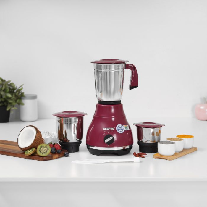 Geepas 3-IN-1 Mixer Grinder- GSB44087| 650W Powerful Copper Motor with Stainless Steel Jars (1.2 L, 0.8 L, 0.4 L) and Blades, Hi Gloss Body and Leak-proof Lid| Ergonomic Design with Motor Overload Protector| 3 Jars, 3 Speed Setting with Incher| Purple and