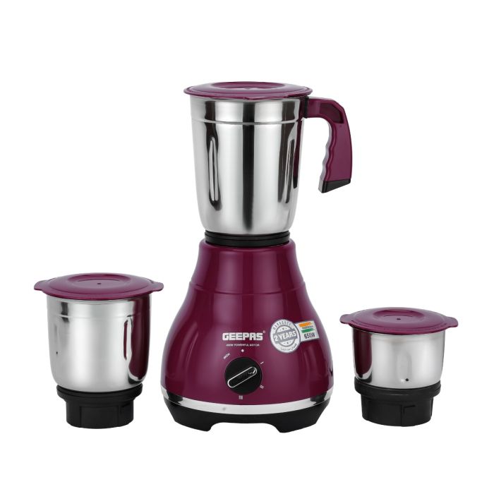 Geepas 3-in-1 Mixer Grinder GSB44087 | 650W , 3 Speed with Incher | 3 Stainless Steel Jars  with Leak-Proof Lids| Hi-Gloss Body| Overload Protector|2 Years Warranty