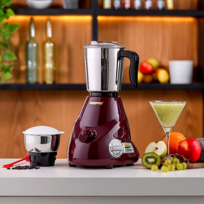 Geepas 2-IN-1 Mixer Grinder- GSB44091| 550W Powerful Motor, Stainless Steel Jars and Blade| Ergonomic Grip and Equipped with Overload Protector