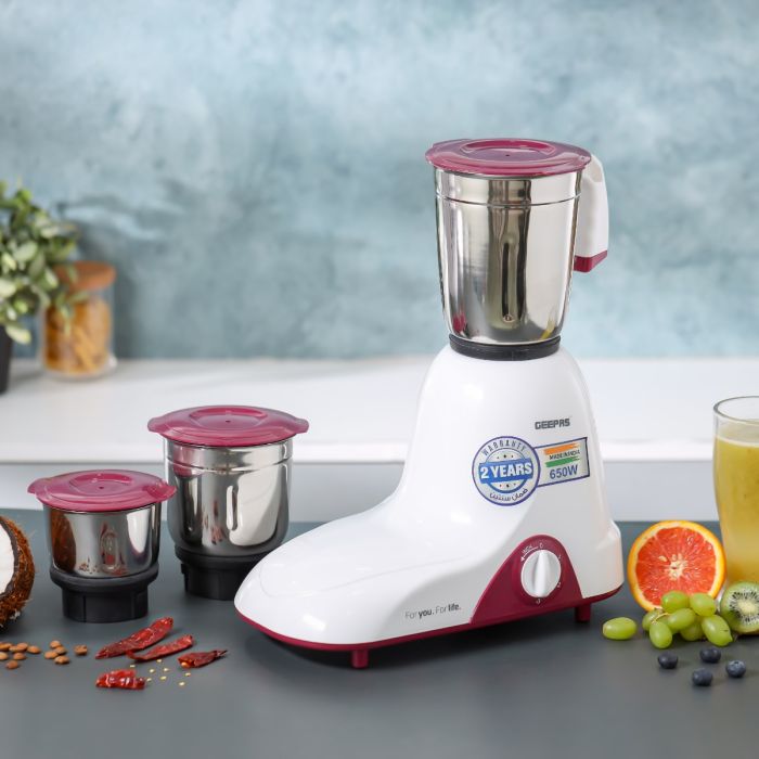 Geepas 3-IN-1 Mixer Grinder- GSB44094| 650W|  Stainless Steel Jars and Blades | Tetra Flow Technology | Overload Protector| 3 Jars| 3 Speed Control|  2 Years Warranty