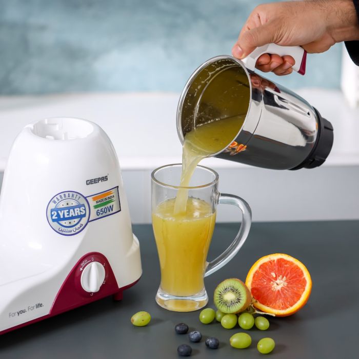 Geepas 3-IN-1 Mixer Grinder- GSB44094| 650W|  Stainless Steel Jars and Blades | Tetra Flow Technology | Overload Protector| 3 Jars| 3 Speed Control|  2 Years Warranty