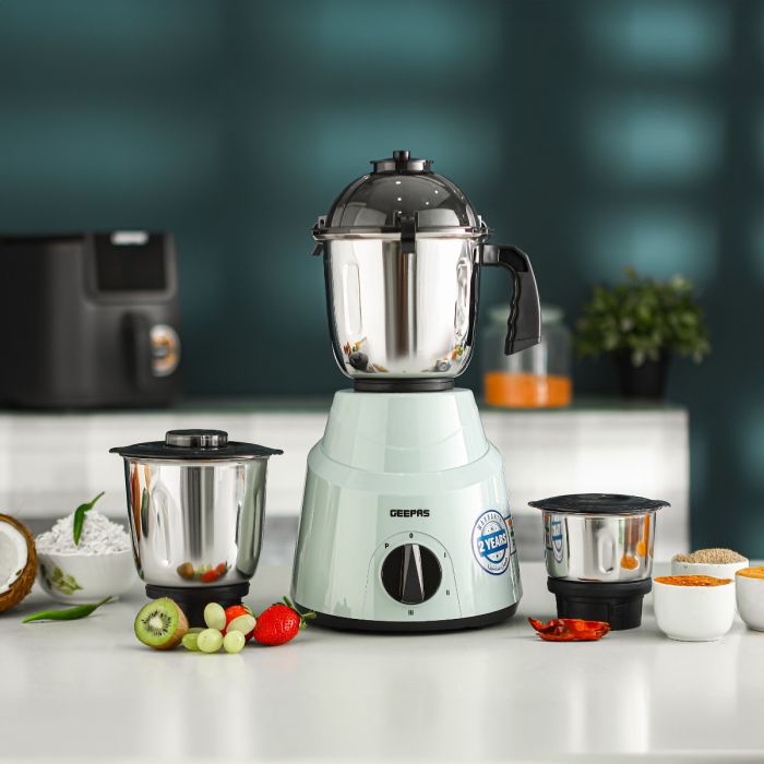 Geepas 3-in-1 Mixer Grinder GSB44100 | 800W, 1.5L| 1.0L & 0.5L Stainless Steel Jars| Tetra Flow Technology | 3 Speed Control | Overload Protector | 2 Years Warranty