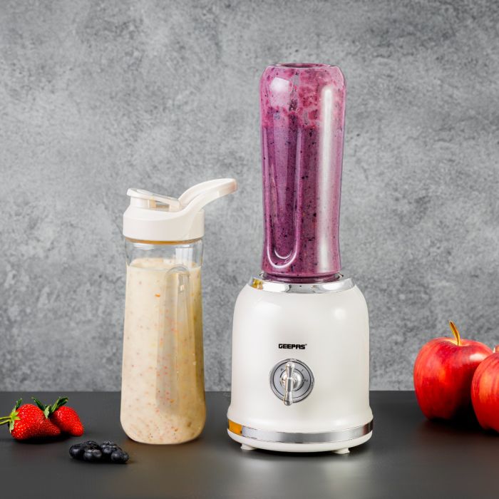 Geepas Personal Blender- GSB44113/ 300W/ 2 BPA-Free Tritan Bottles/ 600 ML/ Transparent & Unbreakable Bottles with Stainless Steel Blade/  2 Years Warranty, White
