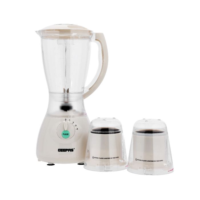 Geepas 400W | 3 in 1 Multifunctional Blender | Safety lock | Stainless Steel Blades| 4 Speed with Pulse | 1.5L Jar| Over Heat Protection | Coffee Grinder & Smoothie Maker