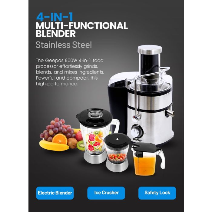 Geepas GSB5451 4 in 1 Juicer & Blender| 800W Stainless Steel Body| Wide Feeding Tube| 2 Speed + Pulse| Juicer, Blender| Grinder & Chopper|Unbreakable Jars|2 Year Warranty