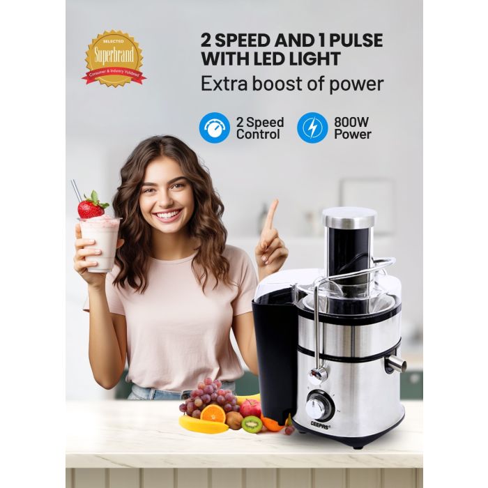Geepas GSB5451 4 in 1 Juicer & Blender| 800W Stainless Steel Body| Wide Feeding Tube| 2 Speed + Pulse| Juicer, Blender| Grinder & Chopper|Unbreakable Jars|2 Year Warranty