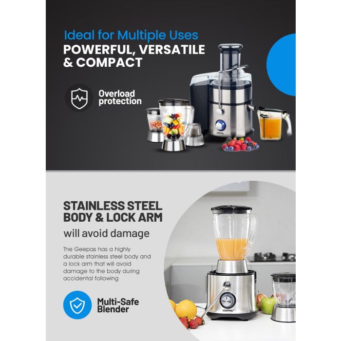 Geepas GSB5451 4 in 1 Juicer & Blender| 800W Stainless Steel Body| Wide Feeding Tube| 2 Speed + Pulse| Juicer, Blender| Grinder & Chopper|Unbreakable Jars|2 Year Warranty