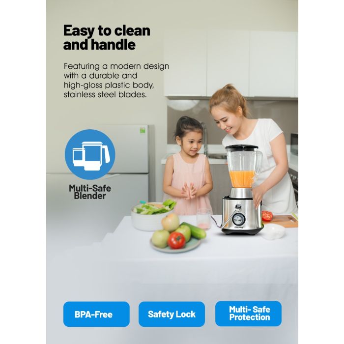 Geepas GSB5451 4 in 1 Juicer & Blender| 800W Stainless Steel Body| Wide Feeding Tube| 2 Speed + Pulse| Juicer, Blender| Grinder & Chopper|Unbreakable Jars|2 Year Warranty