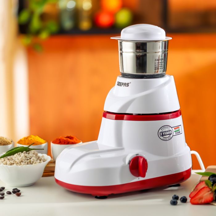 Geepas 2-IN-1 Mixer Grinder- GSB5456| 550W Powerful Motor with Stainless Steel Jars and Blades, Unbreakable Polycarbonate Jar Caps| Ergonomic Design, Overload Protector