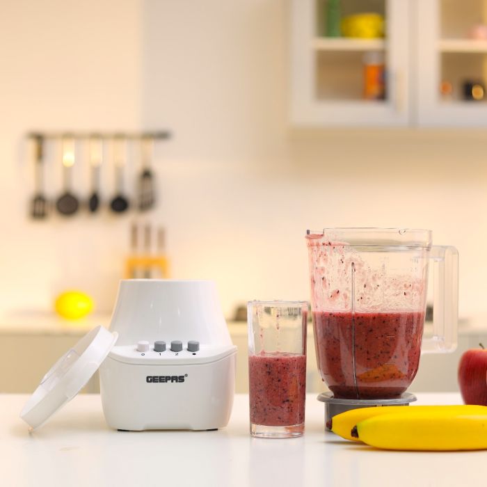 Geepas 3-in-1 Blender- GSB6104N| 400W Powerful Motor| 2 Speed Setting and Pulse| Transparent and Unbreakable Jars with Stainless Steel Blade| 2 Grinder Attachments| White
