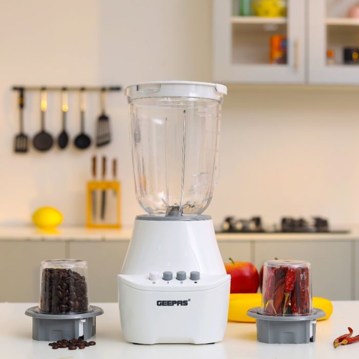Geepas 3-in-1 Blender- GSB6104N| 400W Powerful Motor| 2 Speed Setting and Pulse| Transparent and Unbreakable Jars with Stainless Steel Blade| 2 Grinder Attachments| White