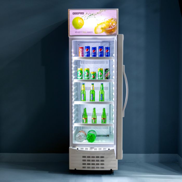Geepas GSC2807WRE Upright Showcase | 300L Display Refrigerator| -3°C Cooling| Compressor Fan| Adjustable Thermostat| Transparent Door| CFC-Free|  1-Year Warranty