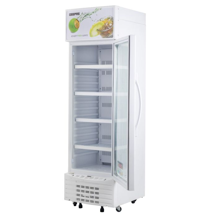 Geepas GSC2807WRE Upright Showcase | 300L Display Refrigerator| -3°C Cooling| Compressor Fan| Adjustable Thermostat| Transparent Door| CFC-Free|  1-Year Warranty