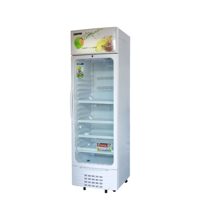 Geepas GSC6549 Upright Showcase | 230W Powerful Big Compressor| No Frost Fan Cooling System| Adjustable Thermostat| Transparent Glass Door| Lock & Key| 1-Year Warranty