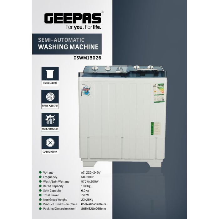 Geepas 11L Semi-Automatic Washing Machine - Compact Twin Tub Washing | Low Noise with wash 10Kg & 6 Kg Spin Capacity | Easy to Control | Ideal for All Types of Clothes