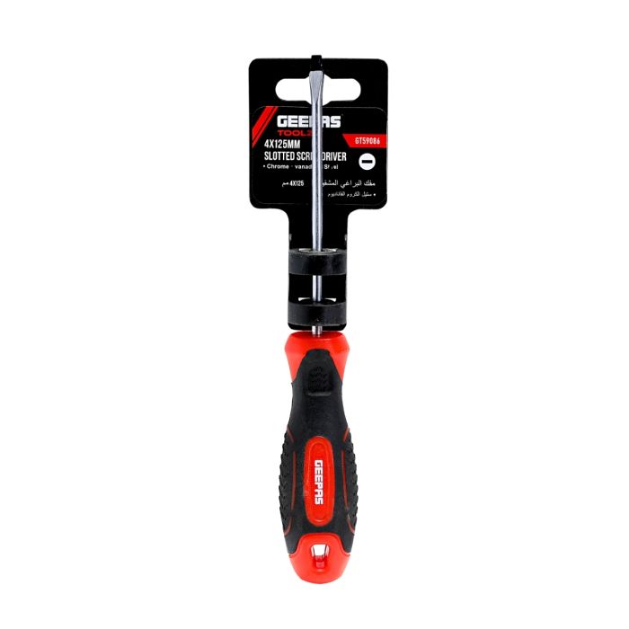 Geepas Precision Screwdriver - Slotted Screwdriver with Soft Grip Rubber Insulated Ergonomic Handle - CR-V Build, Magnetic Tip and Hanging Hole for Easy Carry - Bicolored Red/Black - (SL 4x120mm)