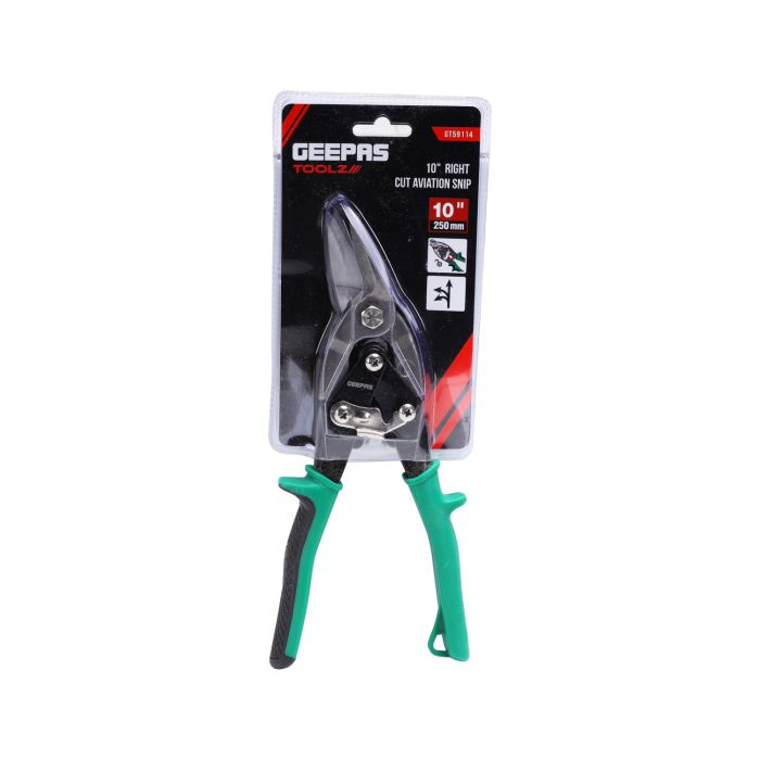 Geepas Aviation Snip Right Cut 250mm - Right Cut Offset Tin with Forged Blade with Twin Spiral Spring, Comfort Grips | Ideal for Cutting Upto 18 Gauge Aluminium, Wire Mesh, Leather, Copper & Plastic