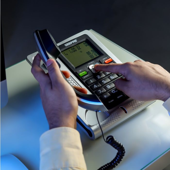 Geepas Executive Telephone with Caller ID- GTP28011| With 16-Digit LCD Display and White Backlight| Solid Built Quality and Classic Design| Hands Free Function and Auto Redial| Ideal for Home and Office| Black and Silver, 2 Years Warranty