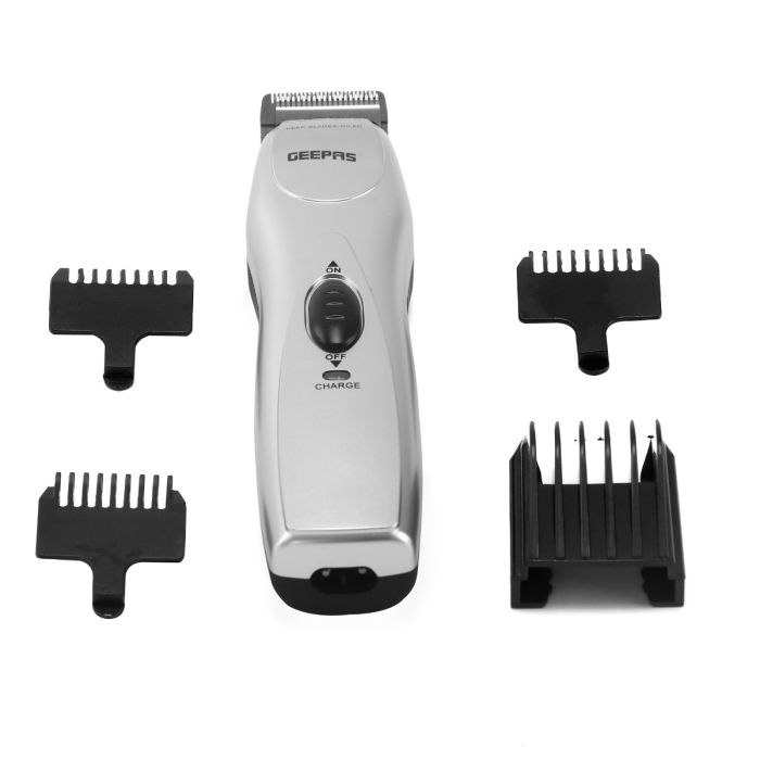 Geepas Rechargeable Trimmer 3W -  Portable Comfortable Grip, Chromium Steel Blade, Cordless Operation, LED Charge Indication | Cordless Rechargeable Trimmer with 5 Combs & Charging Stand