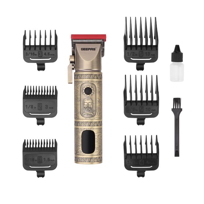 Geepas Professional Hair Clipper- GTR56030| Hair and Beard Clipper with High Capacity Li-ion Battery and Fast Charging, Operating Time: 200 Minutes| 6 Separate Comb Attachments and 1 Protection Cap| LED Display