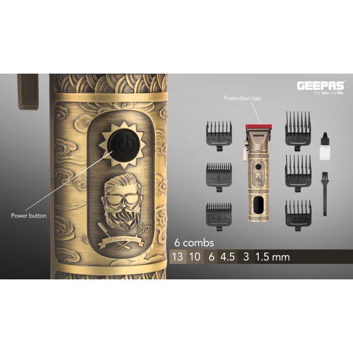 Geepas Professional Hair Clipper- GTR56030| Hair and Beard Clipper with High Capacity Li-ion Battery and Fast Charging, Operating Time: 200 Minutes| 6 Separate Comb Attachments and 1 Protection Cap| LED Display