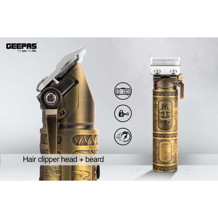 Geepas Professional Hair Clipper- GTR56030| Hair and Beard Clipper with High Capacity Li-ion Battery and Fast Charging, Operating Time: 200 Minutes| 6 Separate Comb Attachments and 1 Protection Cap| LED Display
