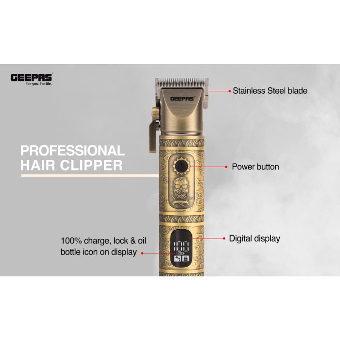 Geepas Professional Hair Clipper- GTR56030| Hair and Beard Clipper with High Capacity Li-ion Battery and Fast Charging, Operating Time: 200 Minutes| 6 Separate Comb Attachments and 1 Protection Cap| LED Display