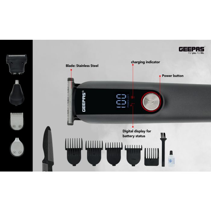 Digital Rechargeable 11-in-1 Grooming Kit, GTR56048 | 4 Combs | Nose Trimmer, Micros Shaver, Design Trimmer | LED Display & Charging Indicator | Stainless Steel Blade
