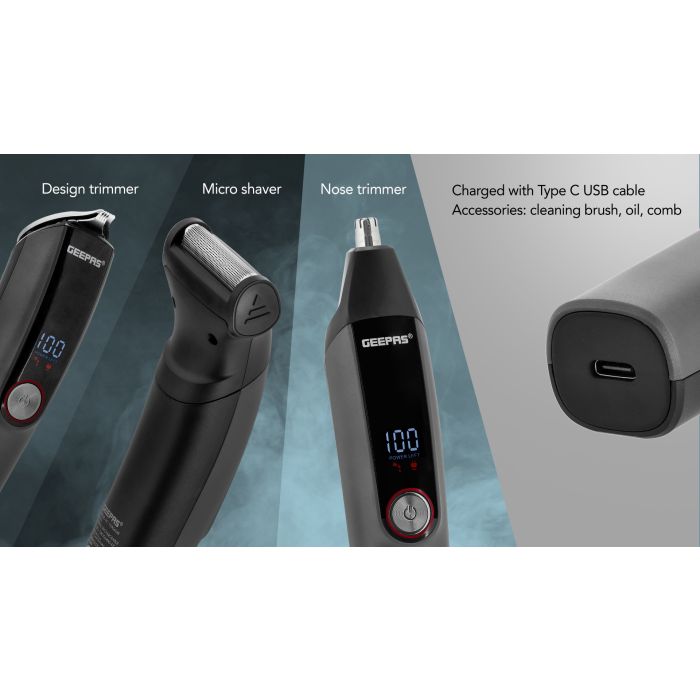 Digital Rechargeable 11-in-1 Grooming Kit, GTR56048 | 4 Combs | Nose Trimmer, Micros Shaver, Design Trimmer | LED Display & Charging Indicator | Stainless Steel Blade