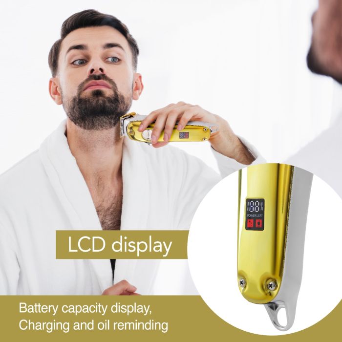 Geepas Professional Digital Hair Clipper- GTR57502| Hair Clipper with High Capacity Li-ion Battery and Fast Charging| 4 Adjustable Cutting Blades and 4 Separate Combs| LCD Display, Perfect for Home and Saloon Styling| 2 Years Warranty, Golden