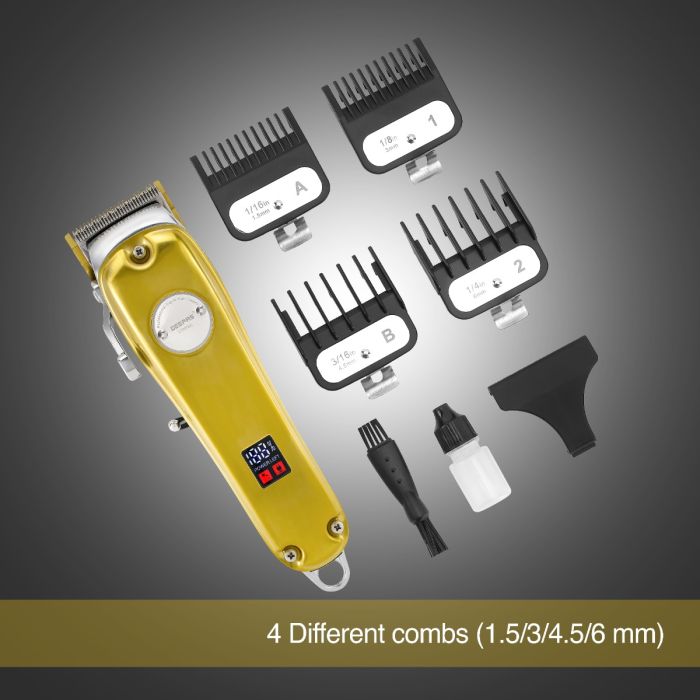 Geepas Professional Digital Hair Clipper- GTR57502| Hair Clipper with High Capacity Li-ion Battery and Fast Charging| 4 Adjustable Cutting Blades and 4 Separate Combs| LCD Display, Perfect for Home and Saloon Styling| 2 Years Warranty, Golden