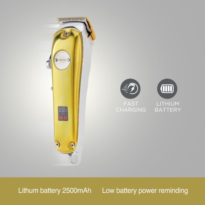 Geepas Professional Digital Hair Clipper- GTR57502| Hair Clipper with High Capacity Li-ion Battery and Fast Charging| 4 Adjustable Cutting Blades and 4 Separate Combs| LCD Display, Perfect for Home and Saloon Styling| 2 Years Warranty, Golden