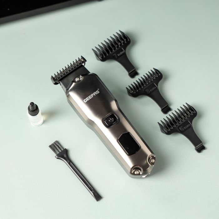 Geepas Rechargeable Hair and Beard Trimmer- GTR57508/ with High-Capacity Li-ion Battery and 180 min Working Time/ Detachable Blades and Waterproof IPX7/ LED Display, Cordless, Perfect for Home and Saloon Styling/ 2 Years Warranty, Grey